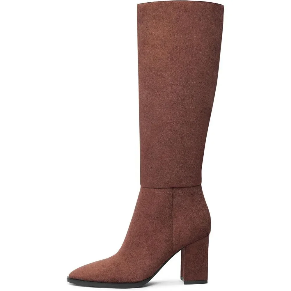 Women's Brown 1 Classic Chunky Heel Pointed Toe High Heel Side Zipper Tall Boot
